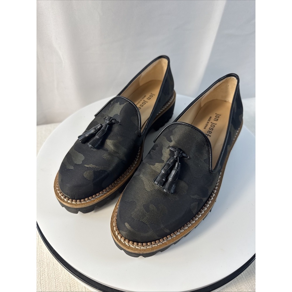 Jon Josef Womens Camo Tassel Loafers Lug Sole Platform Made in Spain Black Green